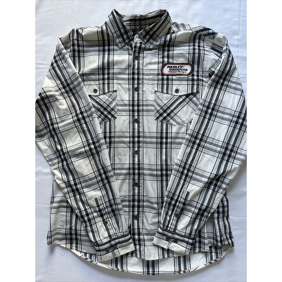 Harley-Davidson Other - Harley Davidson Racing Shirt Mens XL White Black Plaid Long Sleeve Button #1